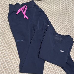 Grey ish Scrub Set with Pink Accents